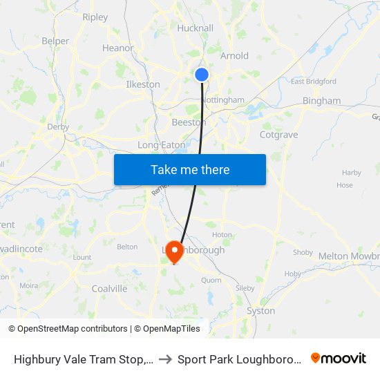 Highbury Vale Tram Stop, Highbury Vale to Sport Park Loughborough University map