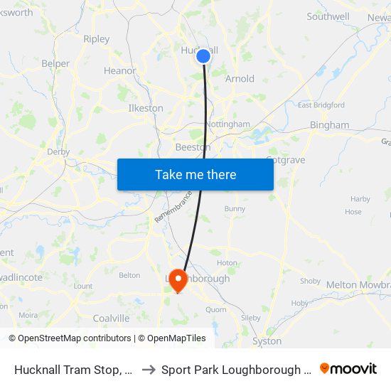 Hucknall Tram Stop, Hucknall to Sport Park Loughborough University map