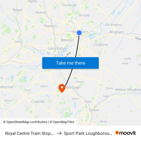 Royal Centre Tram Stop, Nottingham to Sport Park Loughborough University map