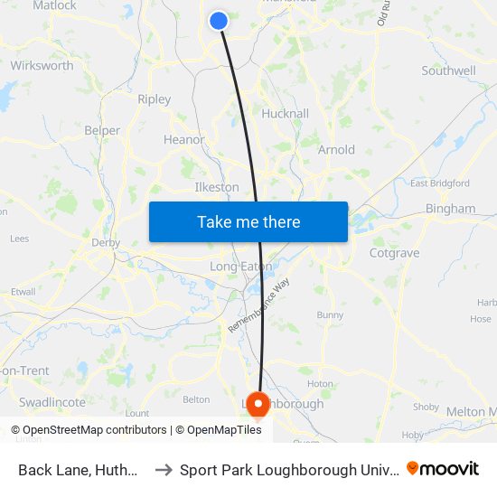 Back Lane, Huthwaite to Sport Park Loughborough University map