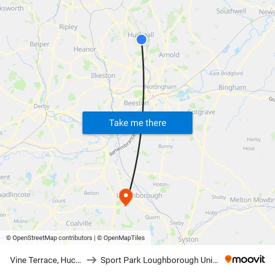 Vine Terrace, Hucknall to Sport Park Loughborough University map