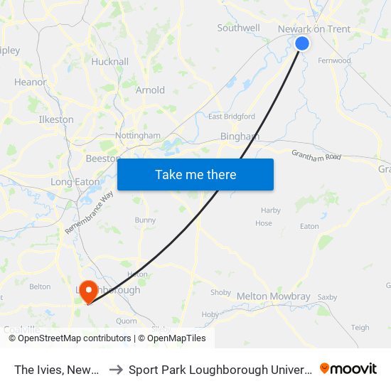 The Ivies, Newark to Sport Park Loughborough University map