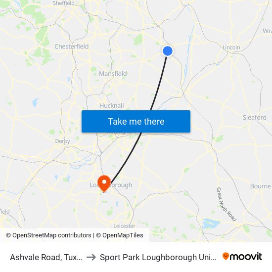 Ashvale Road, Tuxford to Sport Park Loughborough University map