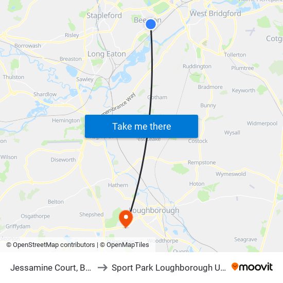 Jessamine Court, Beeston to Sport Park Loughborough University map