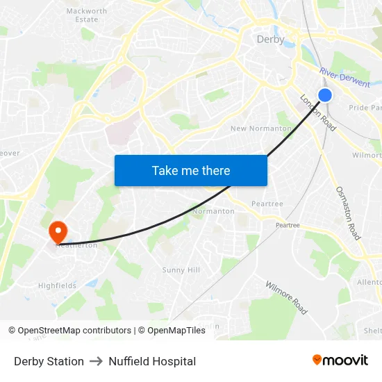 Derby Station to Nuffield Hospital map