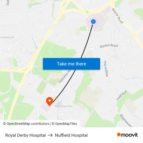 Royal Derby Hospital to Nuffield Hospital map