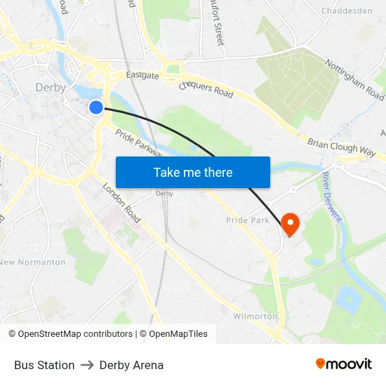 Bus Station to Derby Arena map