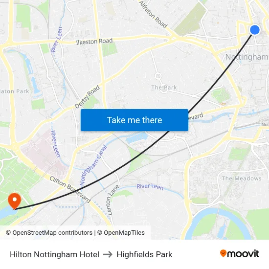 Hilton Nottingham Hotel to Highfields Park map