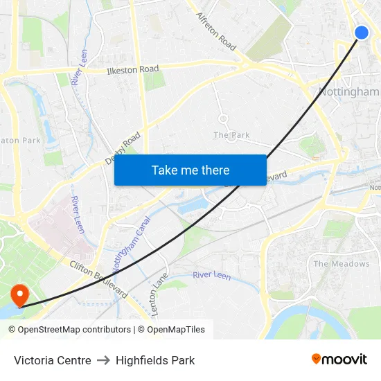 Victoria Centre to Highfields Park map