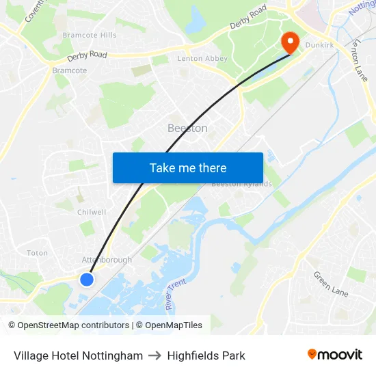 Village Hotel Nottingham to Highfields Park map