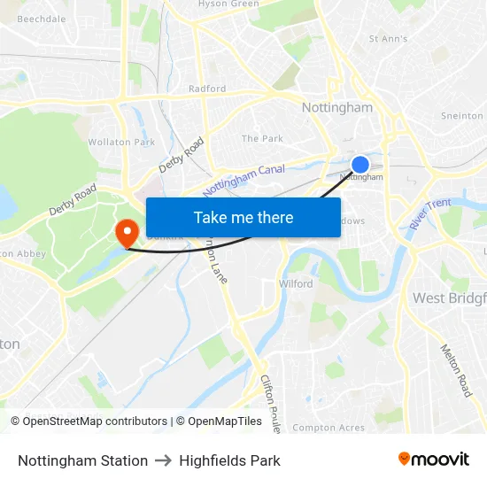 Nottingham Station to Highfields Park map