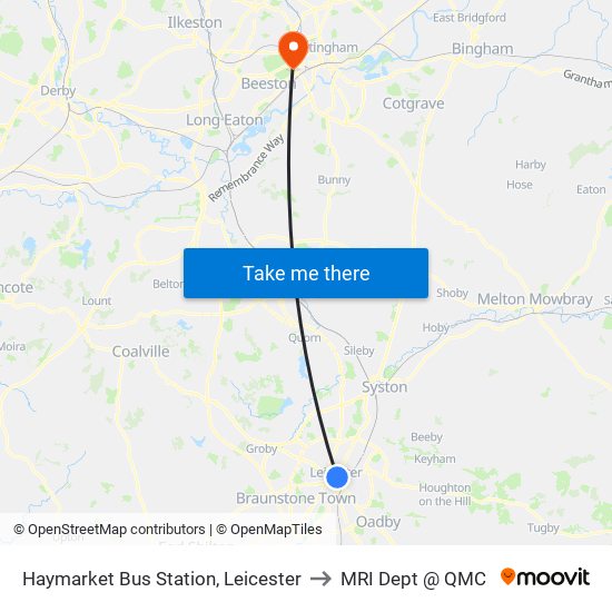 Haymarket Bus Station, Leicester to MRI Dept @ QMC map