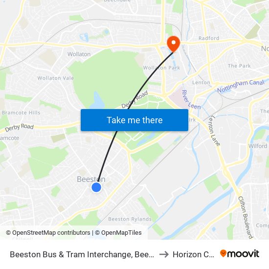 Beeston Bus & Tram Interchange, Beeston to Horizon CDT map