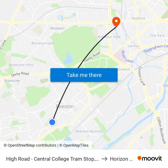 High Road - Central College Tram Stop, Chilwell to Horizon CDT map