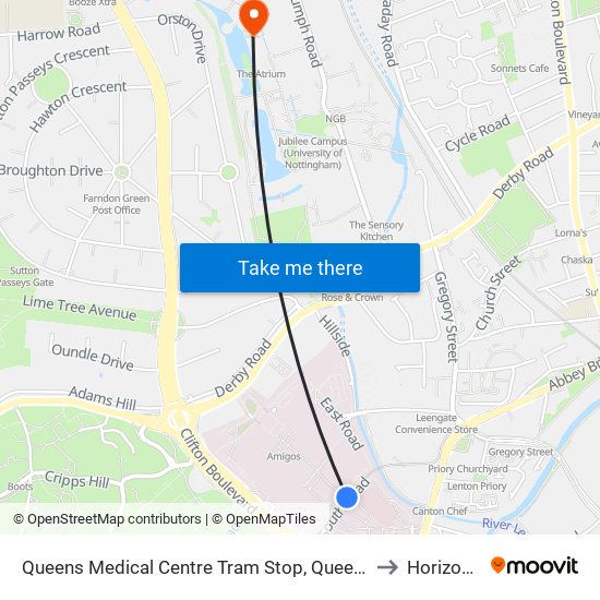 Queens Medical Centre Tram Stop, Queens Medical Centre to Horizon CDT map