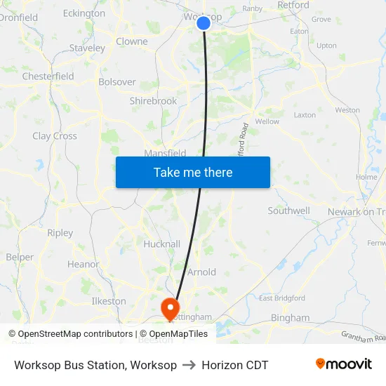 Worksop Bus Station, Worksop to Horizon CDT map