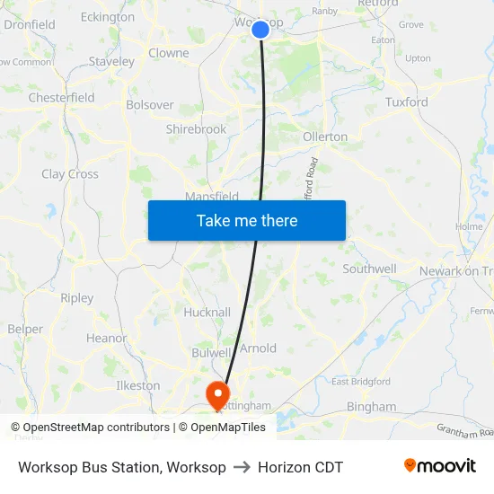 Worksop Bus Station, Worksop to Horizon CDT map