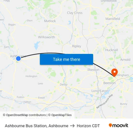 Bus Station, Ashbourne to Horizon CDT map