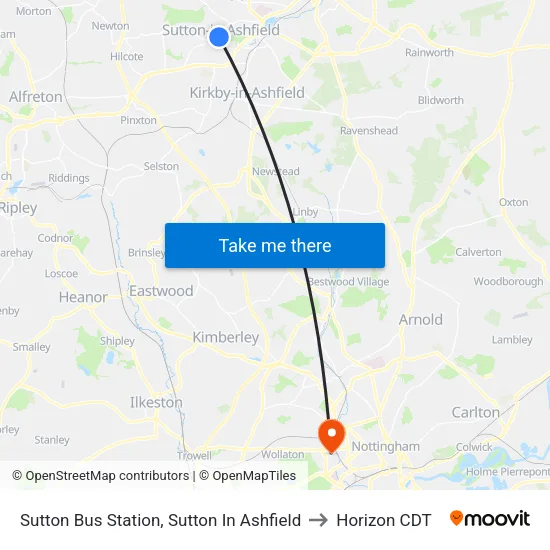 Sutton Bus Station, Sutton In Ashfield to Horizon CDT map