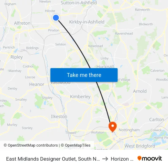 East Midlands Designer Outlet, South Normanton to Horizon CDT map
