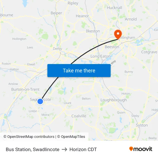 Bus Station, Swadlincote to Horizon CDT map