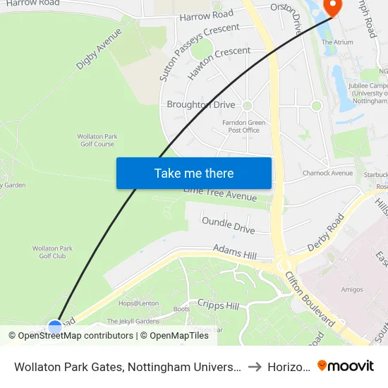 Wollaton Park Gates, Nottingham University Main Campus (Un12) to Horizon CDT map