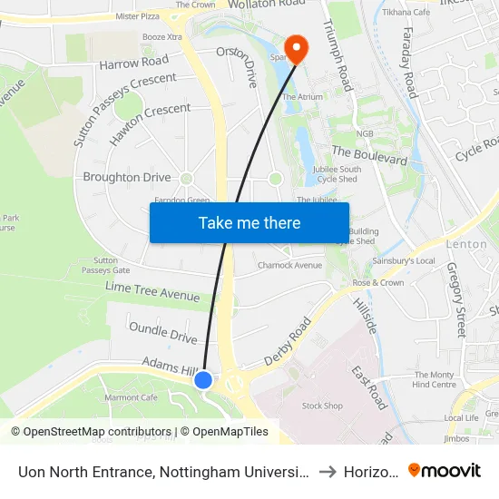Uon North Entrance, Nottingham University Main Campus (Un14) to Horizon CDT map