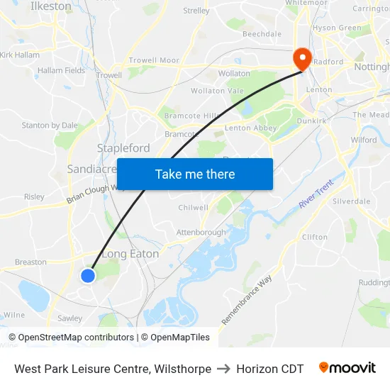 West Park Leisure Centre, Wilsthorpe to Horizon CDT map