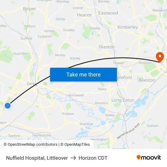 Nuffield Hospital, Littleover to Horizon CDT map