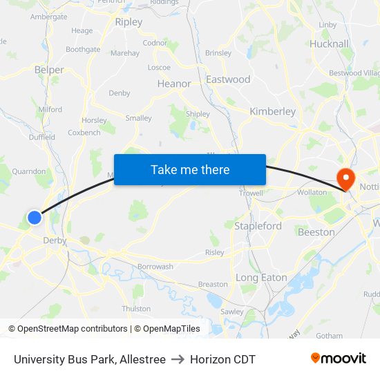 University Bus Park, Allestree to Horizon CDT map