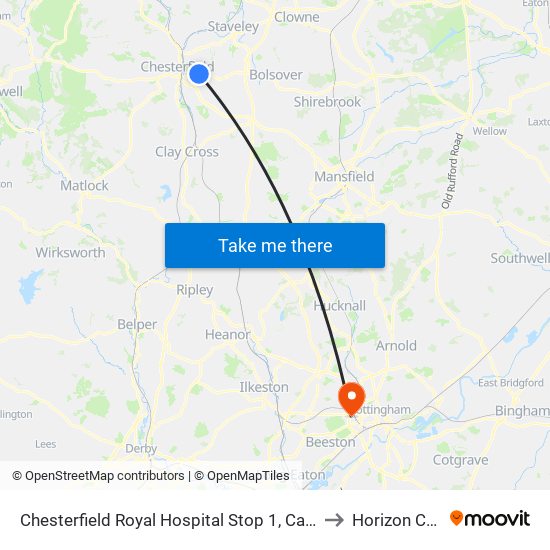 Chesterfield Royal Hospital Stop 1, Calow to Horizon CDT map