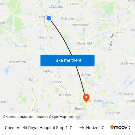 Chesterfield Royal Hospital Stop 1, Calow to Horizon CDT map
