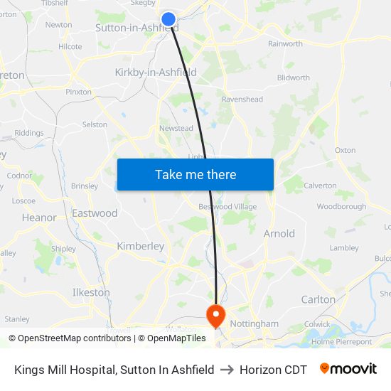 Kings Mill Hospital, Sutton In Ashfield to Horizon CDT map