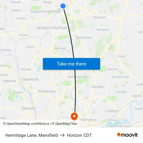 Hermitage Lane, Mansfield to Horizon CDT map