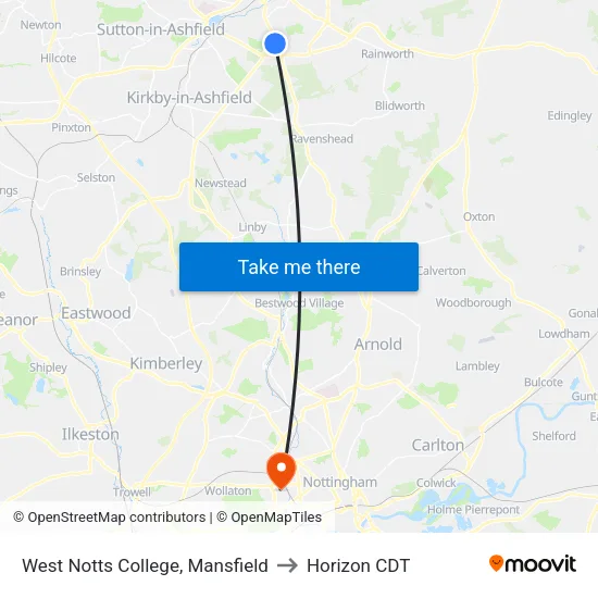 West Notts College, Mansfield to Horizon CDT map