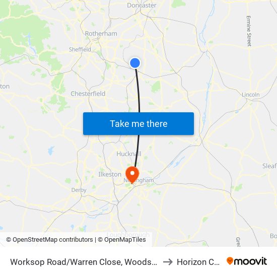 Worksop Road/Warren Close, Woodsetts to Horizon CDT map