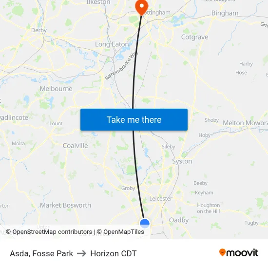 Asda, Fosse Park to Horizon CDT map