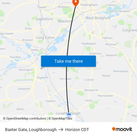 Baxter Gate, Loughborough to Horizon CDT map