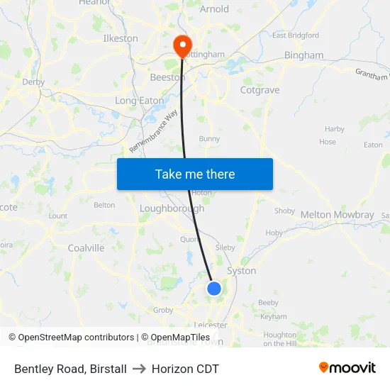 Bentley Road, Birstall to Horizon CDT map