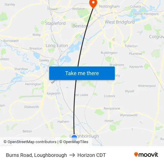 Burns Road, Loughborough to Horizon CDT map
