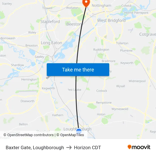Baxter Gate, Loughborough to Horizon CDT map