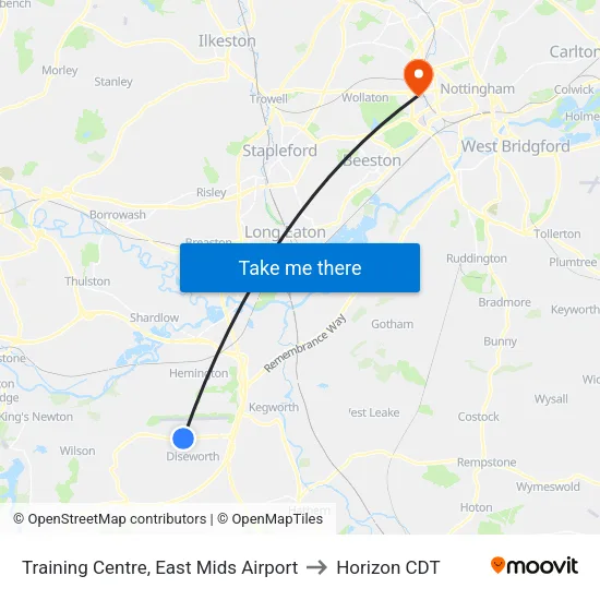 Training Centre, East Mids Airport to Horizon CDT map