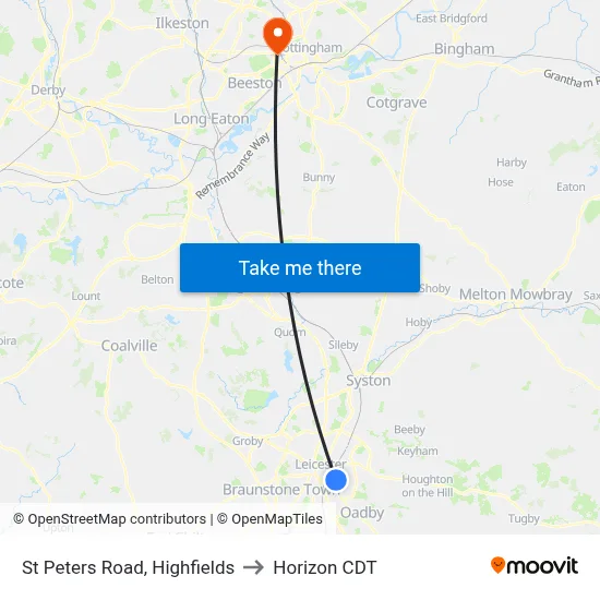 St Peters Road, Highfields to Horizon CDT map