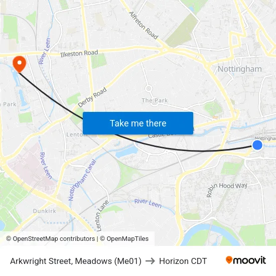 Arkwright Street, Meadows (Me01) to Horizon CDT map