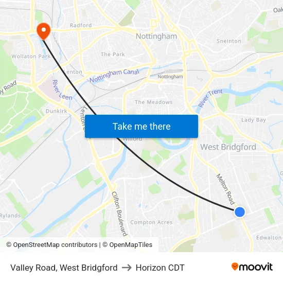 Valley Road, West Bridgford to Horizon CDT map