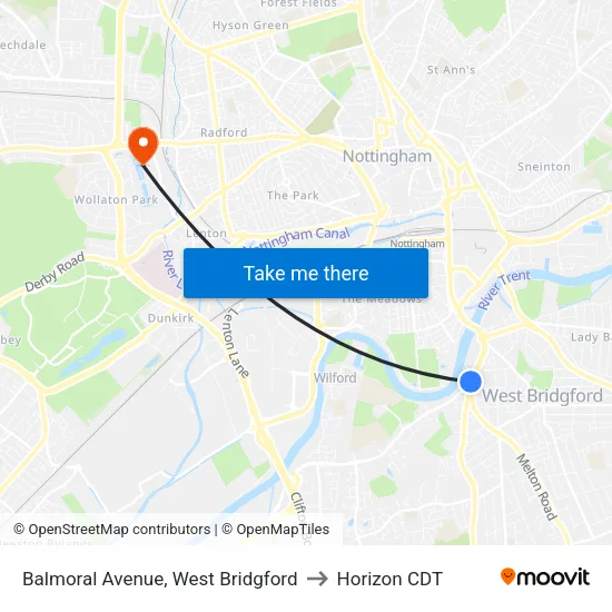 Balmoral Avenue, West Bridgford to Horizon CDT map