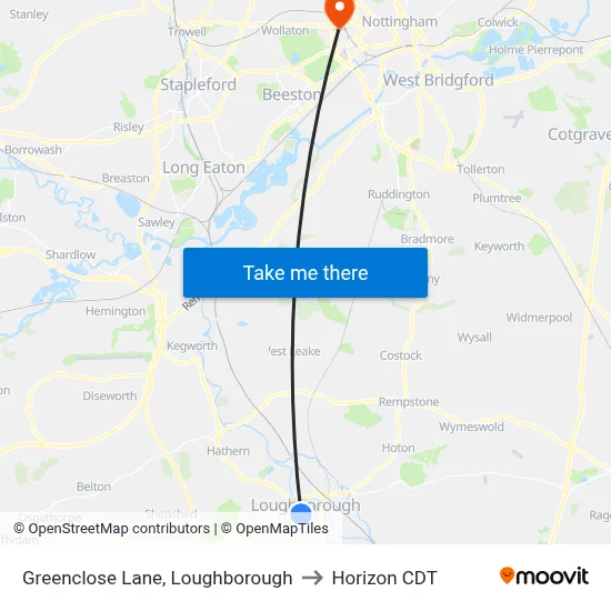 Greenclose Lane, Loughborough to Horizon CDT map