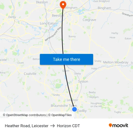 Heather Road, Leicester to Horizon CDT map