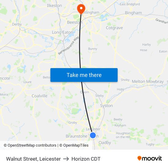 Walnut Street, Leicester to Horizon CDT map