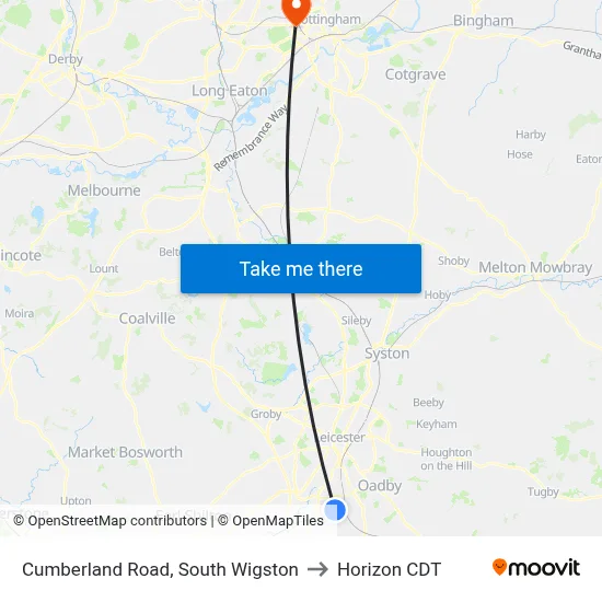 Cumberland Road, South Wigston to Horizon CDT map